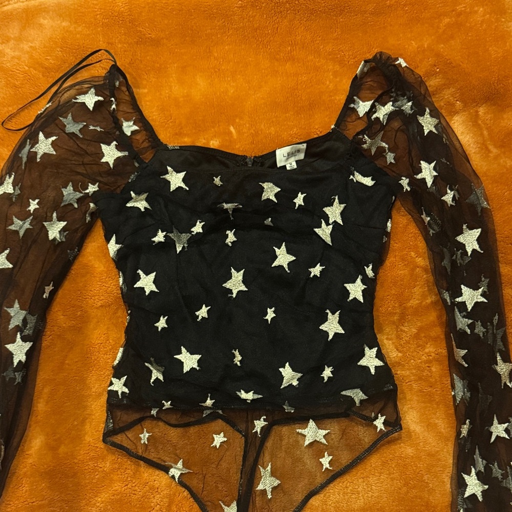 Le Lis Collection Sheer Black Star-Embroidered Bodysuit - Women's Top